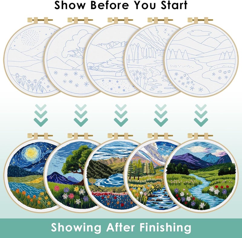 ERKOON 5 Sets Embroidery Kit for Beginners, Butterfly Cross Stitch Set for Include Embroidery Cloth Hoops Threads for Craft Lover Hand Stitch (Landscapes) - Image 4